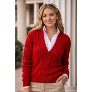 Vtg Ralph Lauren Chaps Denim $80 Large Red Cable Knit VNeck Cotton Blend Sweater